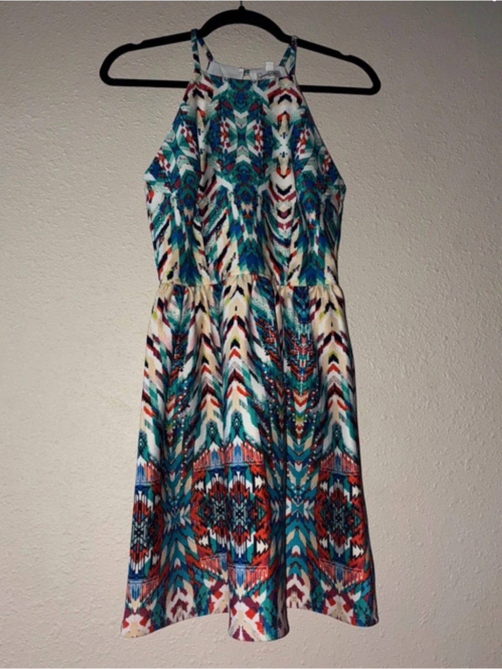 Speekless Tribal Print Halter Dress in Teal and Multicolor